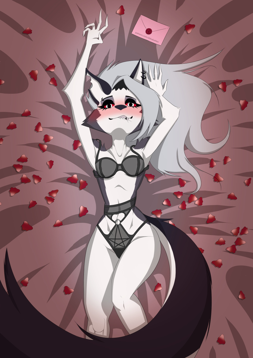 absurd_res anthro blush clothing demon ebbakatten female flower_petals goth helluva_boss hi_res lingerie looking_at_viewer loona_(helluva_boss) petals rose_petals valentine's_day