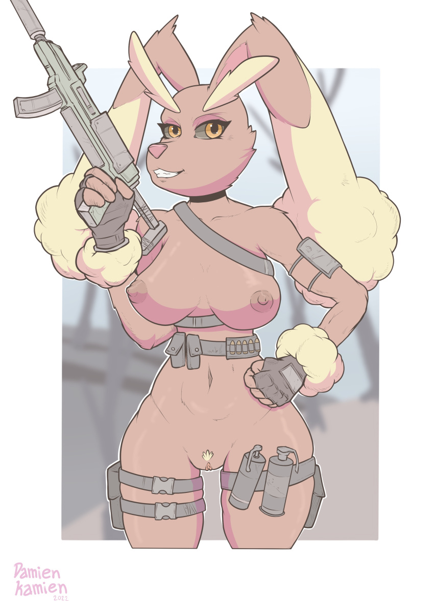 absurd_res anthro armed black_sclera breasts brown_body brown_fur bullet clothing damienkamien explosives eyebrows female fist fur generation_4_pokemon genitals gloves grenade gun handwear hi_res looking_at_viewer lopunny military nintendo nipples nude orange_eyes pink_nose pokémon_(species) pokemon pokemon_(species) pussy ranged_weapon rifle smile solo teeth video_games weapon yellow_body yellow_fur