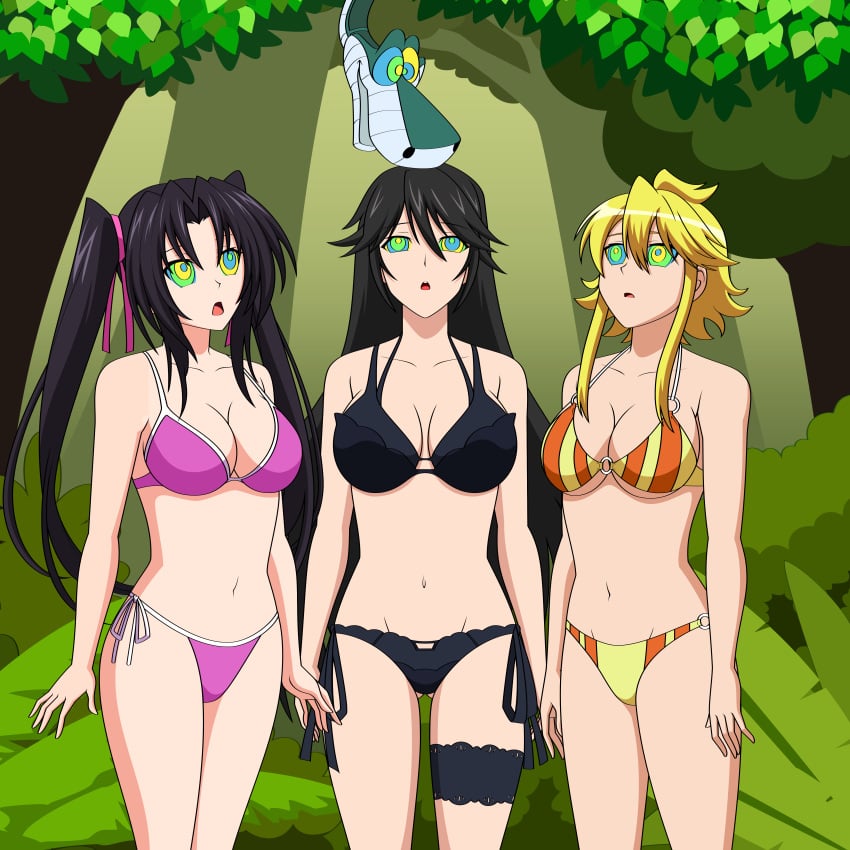 3girls akame_ga_kill! bikini black_hair blonde_hair commission disney high_school_dxd hypnosis hypnotic_eyes infinite_stratos jimryu kaa kaa_eyes leone_(akame_ga_kill!) long_hair mind_control multiple_girls navel open_mouth orimura_chifuyu serafall_leviathan short_hair snake standing the_jungle_book twintails