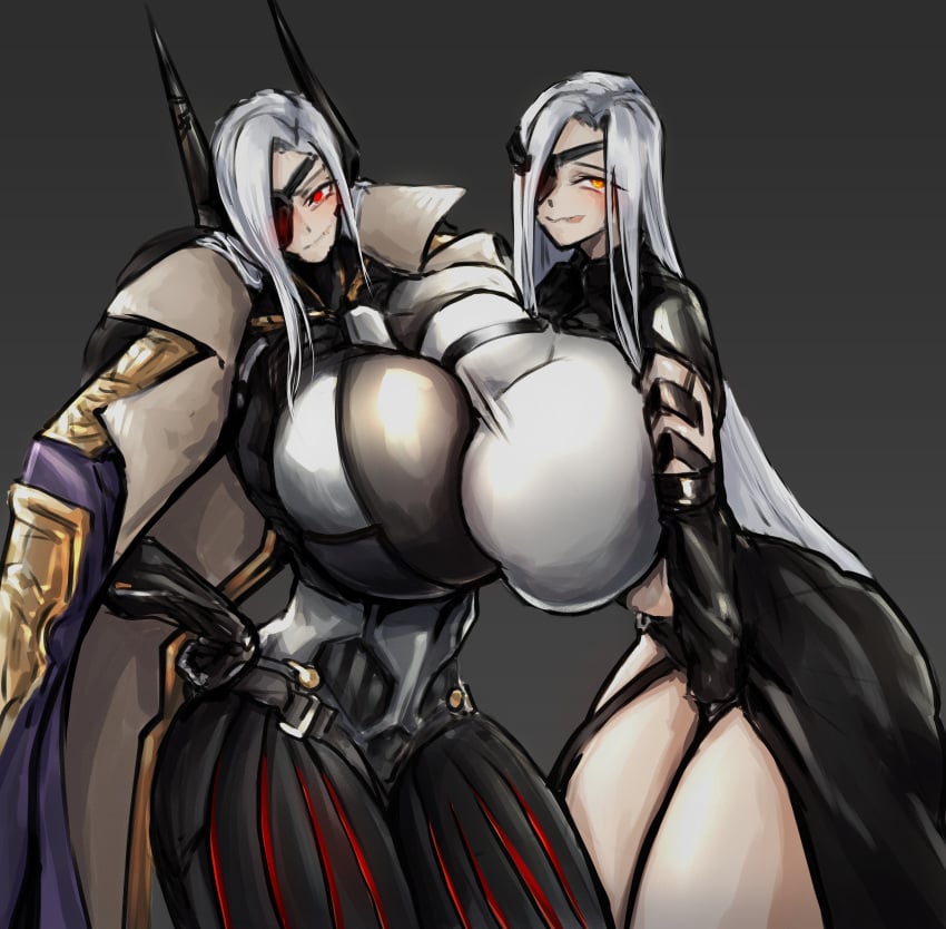 2girls alchemist_(girls'_frontline) breasts_bigger_than_head eyepatch girls'_frontline hyper_breasts last_origin lemonade_gamma symmetrical_docking white_hair zer0artzer0