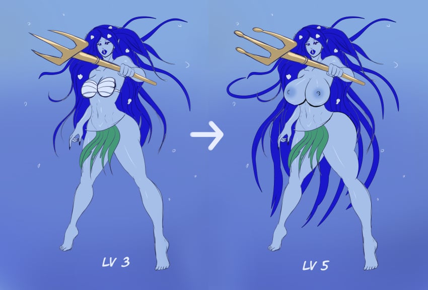 1girls annon ass ass_expansion before_and_after bimbo bimbofication blue_skin breast_expansion dungeons_and_dragons female female_only huge_breasts level_up looking_at_viewer nipples original original_character sea_elf solo thick_thighs thigh_expansion underwater wide_hips