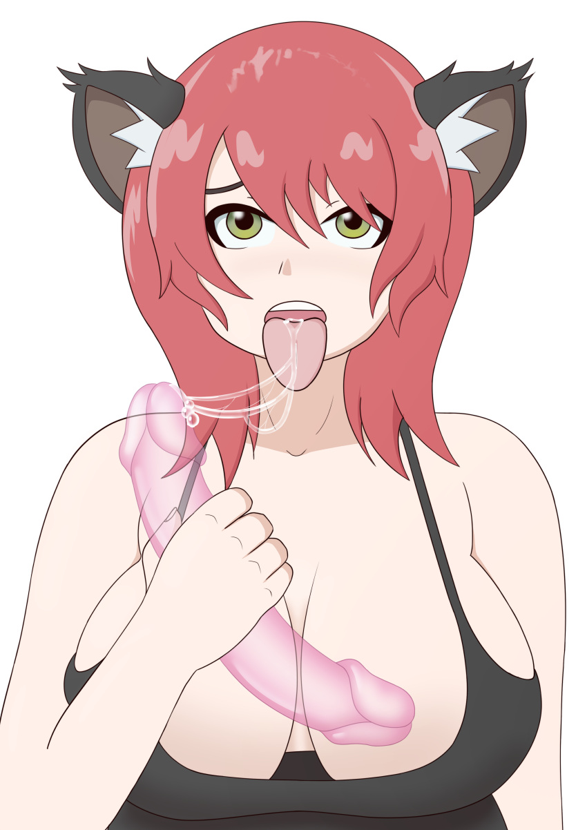 animal_ears bbw belly big_breasts breasts cat_ears cat_girl chubby chubby_female cleavage dildo glass_dildo green_eyes overweight plump red_hair saliva saliva_on_tongue saliva_trail solo solo_female vanilireph voluptuous