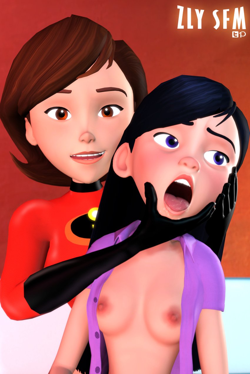 2girls 3d :o age_difference black_gloves black_hair blush bodysuit breasts brown_eyes brown_hair clothing collared_shirt daughter disney elbow_gloves face_grab female female_only gloves helen_parr high_resolution incest looking_at_viewer looking_to_the_side milf mother mother_and_daughter multiple_girls nipples no_bra open_clothes open_mouth open_shirt pixar purple_eyes purple_shirt red_bodysuit saliva shirt short_hair short_sleeves skin_tight smile smooth_skin the_incredibles tongue unbuttoned unbuttoned_shirt upper_body very_high_resolution violet_parr zly