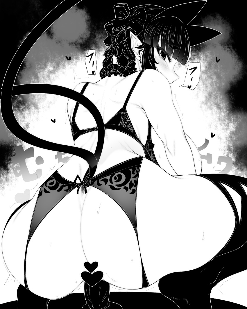 2_tails absurdres animal_ears ass ass_focus bangs blunt_bangs blush bra braid breasts breasts_out cat_ears cat_tail censored dildo dildo_riding eyebrows_visible_through_hair female female_only garter_belt ginku_mh greyscale haseru_(ginku_mh) heart heart_censor highres huge_breasts long_hair looking_at_viewer looking_back monochrome multi_ear multi_tail nekomata pointy_ears rin_kaenbyou sex_toy simple_background solo solo_female squatting tail thighhighs touhou twin_braids twintails underwear