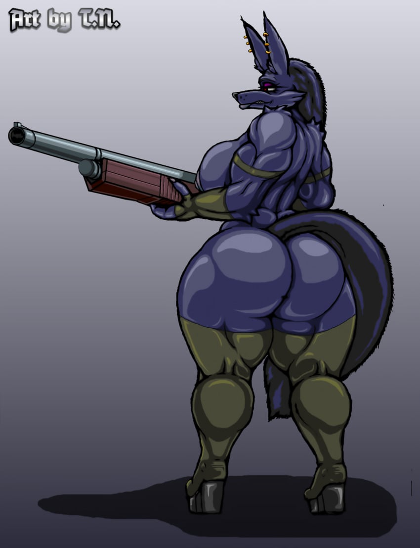 anthro anubian_jackal ass big_breasts big_butt black_body black_ears black_fur black_nose bns_arts breasts camo camo_clothing camo_print canid canine canis claws clothing curvaceous curvy_figure death_mission ear_piercing female fingerless_gloves fur gloves grey_body grey_fur gun hair handwear hi_res high_heels inner_ear_fluff jackal ks-23 legwear mammal mostly_nude muscular muscular_female pattern_clothing piercing platform_footwear platform_heels ranged_weapon red_eyes sharp_claws sharp_teeth shotgun smile solo t.n. teeth thick_thighs thigh_highs tuft voluptuous weapon wide_hips