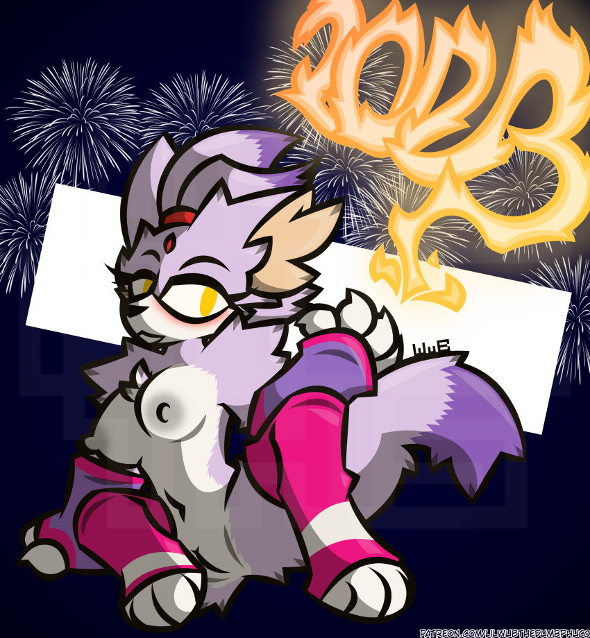 absurd_res anthro blaze_the_cat blush breasts claws clothing dipstick_tail domestic_cat felid feline felis female fire fireworks fur genitals gloves handwear hi_res holidays inner_ear_fluff legwear long_tail looking_at_viewer mammal markings mostly_nude multicolored_body multicolored_fur new_year new_year_2023 nipples purple_body purple_fur pussy sega sitting smile smiling_at_viewer solo sonic_(series) sonic_the_hedgehog_(series) stockings tail tail_markings tuft two_tone_body two_tone_fur white_body white_fur wub_(artist) yellow_eyes