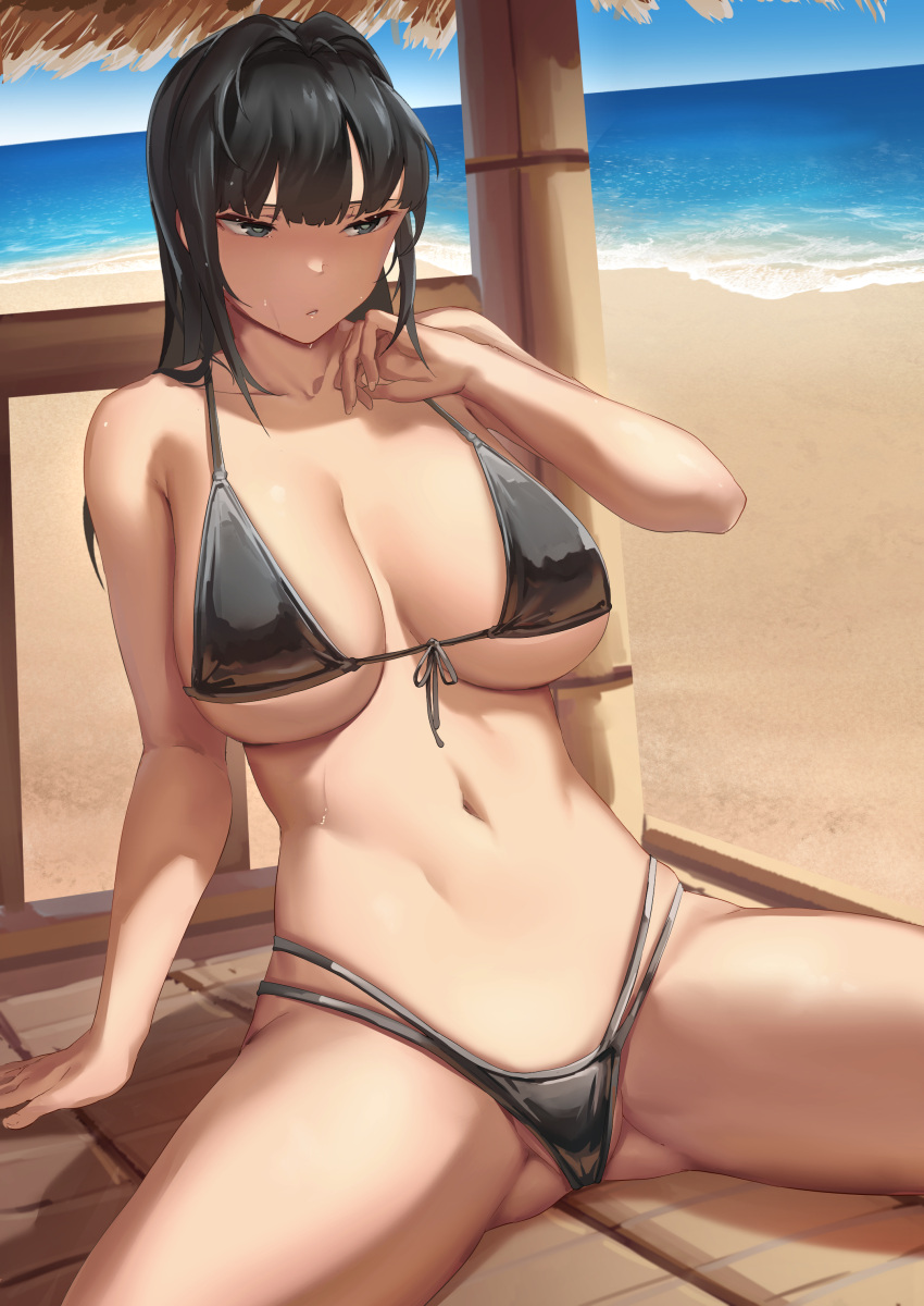 absurdres beach bikini black_bikini black_hair black_swimsuit breasts cleavage day emotionless expressionless female highres lynus naoko-san original sitting solo swimsuit water