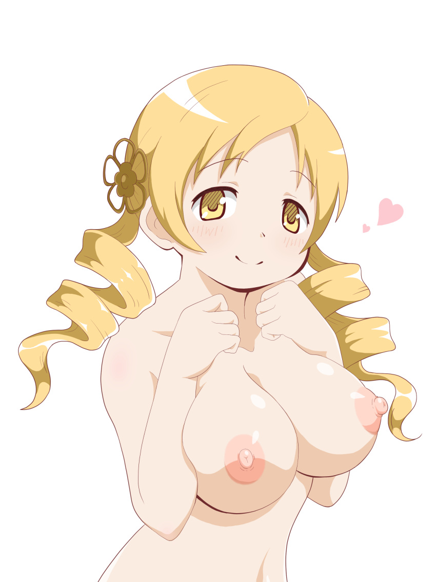 absurdres bangs blonde_hair blush breasts drill_hair female hair_ornament hairpin highres large_breasts looking_at_viewer mahou_shoujo_madoka_magica nipples nude simple_background smile solo tomoe_mami twin_drills usazirou539 white_background yellow_eyes