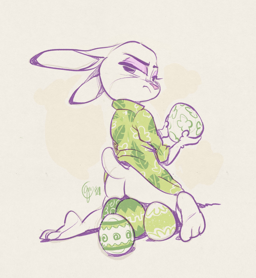 2021 annoyed anthro ass barefoot bottomless clothed clothing disney dress ears_back easter easter_egg edtropolis feet female hi_res holding_object holidays judy_hopps kneeling lagomorph leporid looking_at_viewer looking_back mammal no_underwear pivoted_ears rabbit raised_clothing rear_view rough_sketch signature simple_background solo zootopia zootropolis