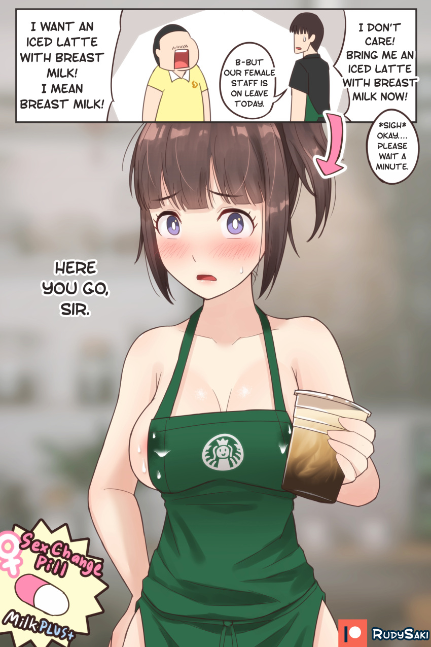 before_and_after blush breasts brown_hair clothing embarrassed female gender_transformation genderswap iced_latte_with_breast_milk long_hair meme mtf_transformation open_mouth original pills rudy_saki rule_63 starbucks transformation unprofessional_behavior