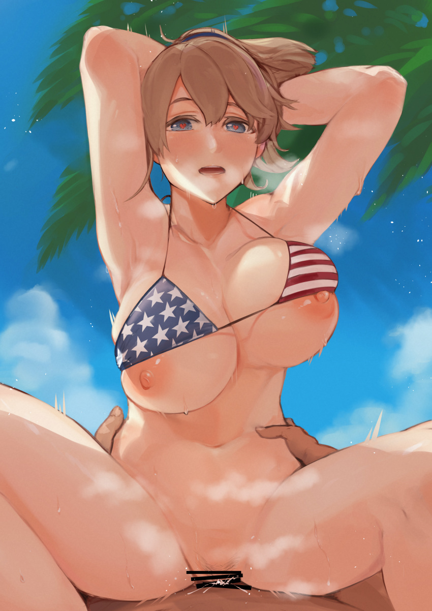 1boy absurdres american_flag_bikini armpits beach bikini blush breasts brown_hair censored commission commissioner_upload cowgirl_position feet_out_of_frame female female_pubic_hair flag_print hands_on_another's_hips heart heart-shaped_pupils highres intrepid_(kantai_collection) kantai_collection large_breasts looking_at_viewer nipples outdoors palm_tree ponytail pubic_hair sex short_hair skeb_commission straddling straight sweat swimsuit symbol-shaped_pupils tree wasavi_8