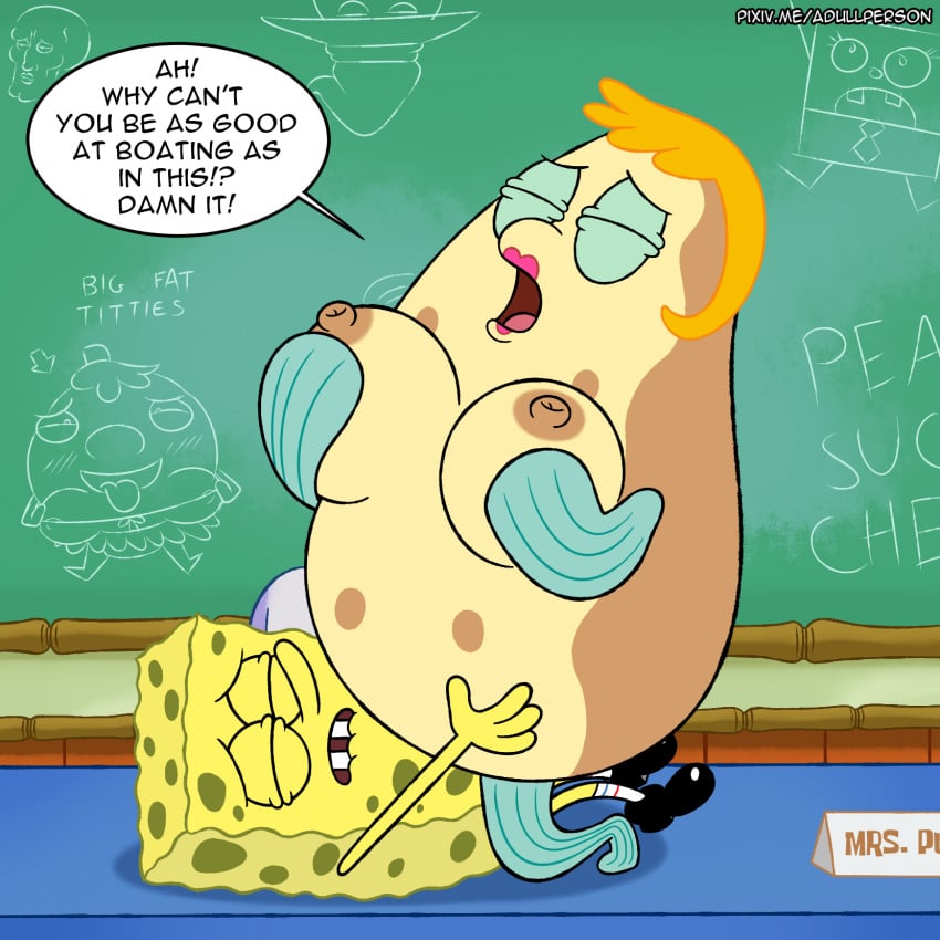 1boy 1boy1girl 1girls 4_fingers absurd_res accurate_art_style adullperson age_difference big_breasts big_fat_meanie blonde_hair chalkboard desk doodlebob english_text fins flippers hi_res light-skinned_female light-skinned_male light_skin mrs._puff nickelodeon older_female penetration pufferfish pussy school sea_sponge smooth_skin speech_bubble sponge spongebob_squarepants spongebob_squarepants_(character) teacher teacher_and_student text text_bubble vaginal_penetration words yellow_skin younger_male