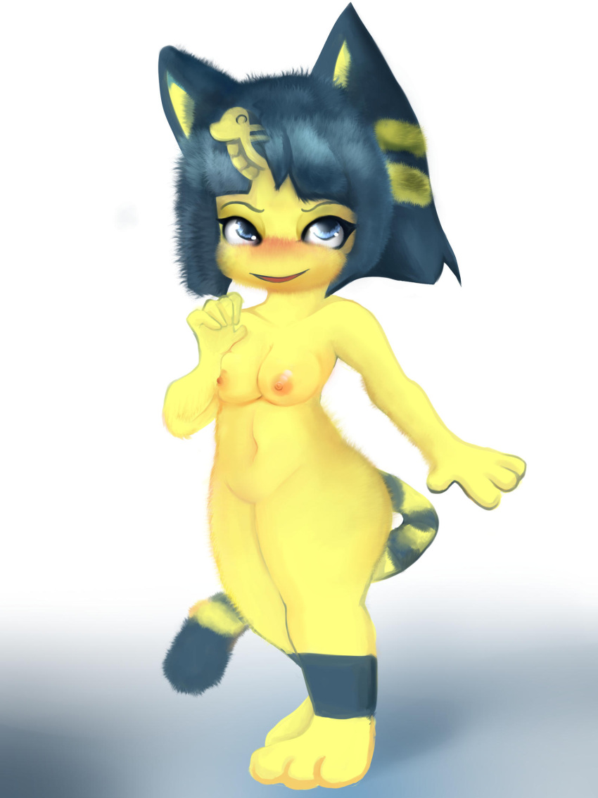 animal_crossing ankha blue_eyes blue_hair blush egyptian felid feline felis female fur furry furry_only large_breasts naked nintendo nude open_mouth oumseven solo striped_tail tail yellow_fur