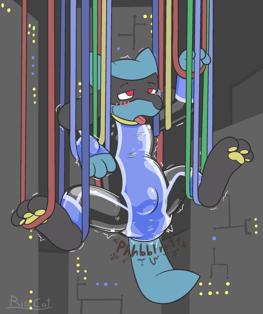 1boy 2021 3_toes anthro biped blush bondage bound canid canine clothing digital_drawing_(artwork) digital_media_(artwork) feces feet filth hi_res hindpaw male male_only mammal nintendo pawpads paws pokémon_(species) pokemon riolu ritzcat rubber rubber_clothing rubber_suit scat soiled soiling soiling_clothing solo solo_male toes video_games yellow_pawpads