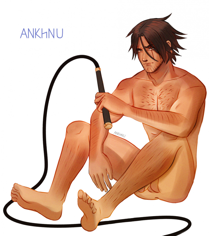 ankhnu anus barefoot blank_background body_hair castlevania castlevania_(netflix) chest_hair facial_hair feet feet_up leather_whip looking_at_viewer male_only muscular_male nude_male penis scar_across_eye scars sitting testicles toes trevor_belmont whip