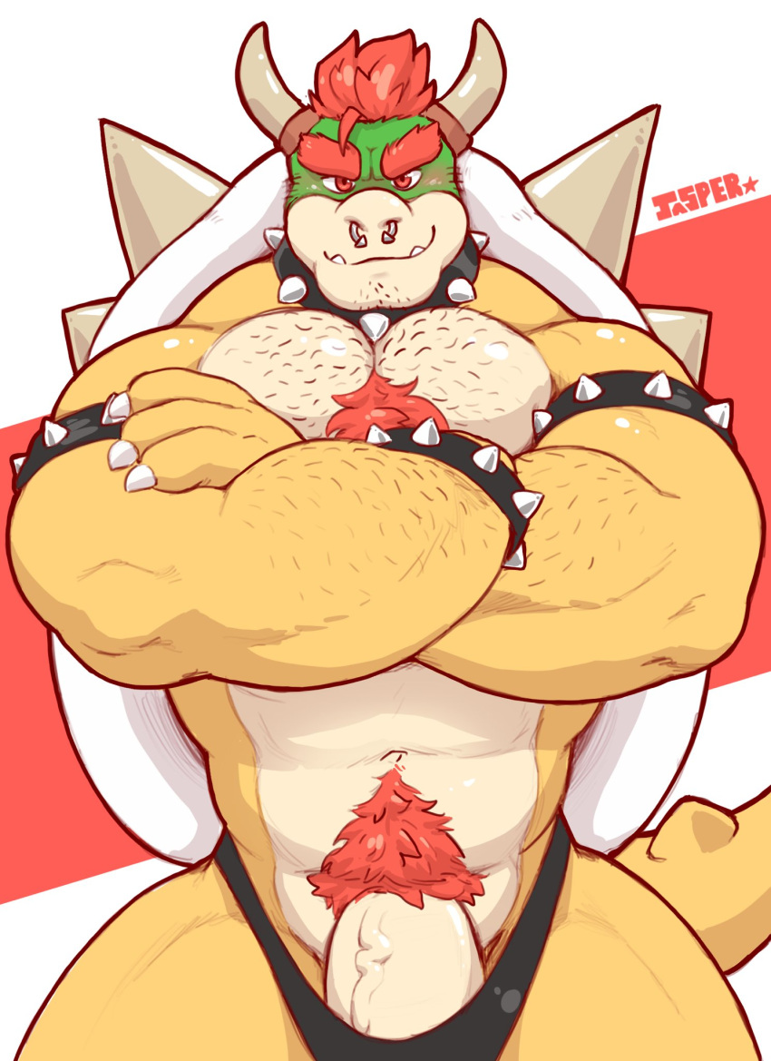 1boy 2022 anthro armband bara big_muscles big_penis blush body_hair bowser bracelet chest_hair claws clothed clothing collar crossed_arms dick_root erection erection_under_clothing eyebrows front_view genitals hair hairy hi_res horns humanoid_genitalia humanoid_penis jasperbro jewelry koopa looking_at_viewer male male_only male_pubic_hair mario_(series) muscular muscular_anthro muscular_male navel nintendo pecs penis pubes red_background red_eyes scalie shell signature simple_background smile solo spiked_armband spiked_bracelet spiked_collar spiked_shell spikes spikes_(anatomy) standing tail thick_penis thong underwear veiny_penis video_games white_background