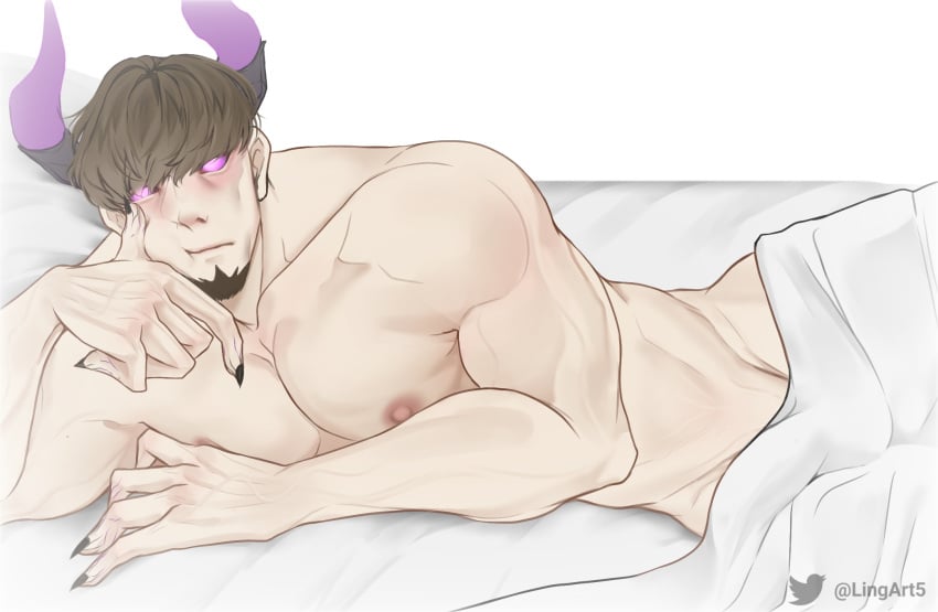 bed bed_sheet covered_penis demon laying_on_bed lingart5 looking_at_viewer male_only mobile_legends mobile_legends:_bang_bang nails nipples tagme watermark yu_zhong