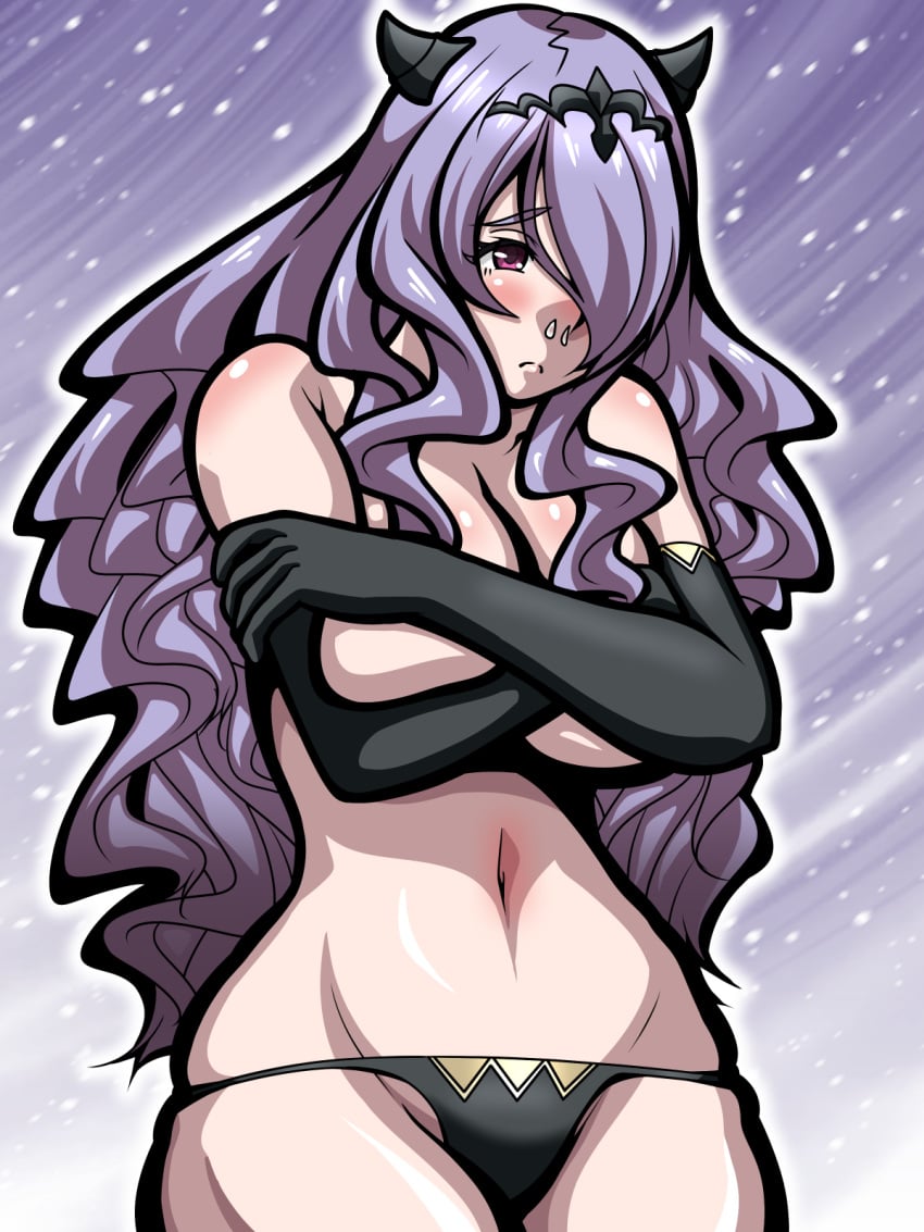 1girls bare_thighs black_panties breasts camilla_(fire_emblem) cold elbow_gloves female_only fire_emblem fire_emblem_fates freezing gloves horns inabakun00 large_breasts long_hair nintendo outdoors panties purple_eyes purple_hair runny_nose snow solo thighs topless very_long_hair wavy_hair