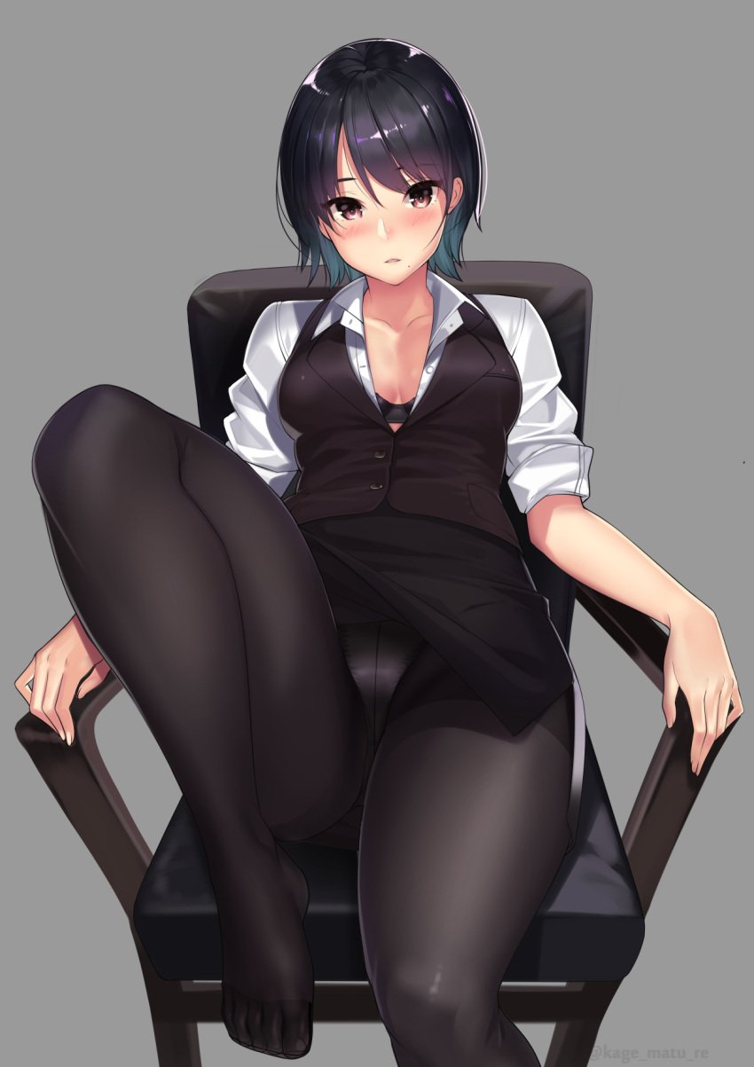 1girls black_bra black_hair black_legwear black_skirt blush bra breasts chair collared_shirt crotch_seam feet female highres kagematsuri looking_at_viewer mole_under_mouth office_lady original panties pantyhose parted_lips pencil_skirt shirt short_hair simple_background sitting skirt solo underwear vest white_shirt