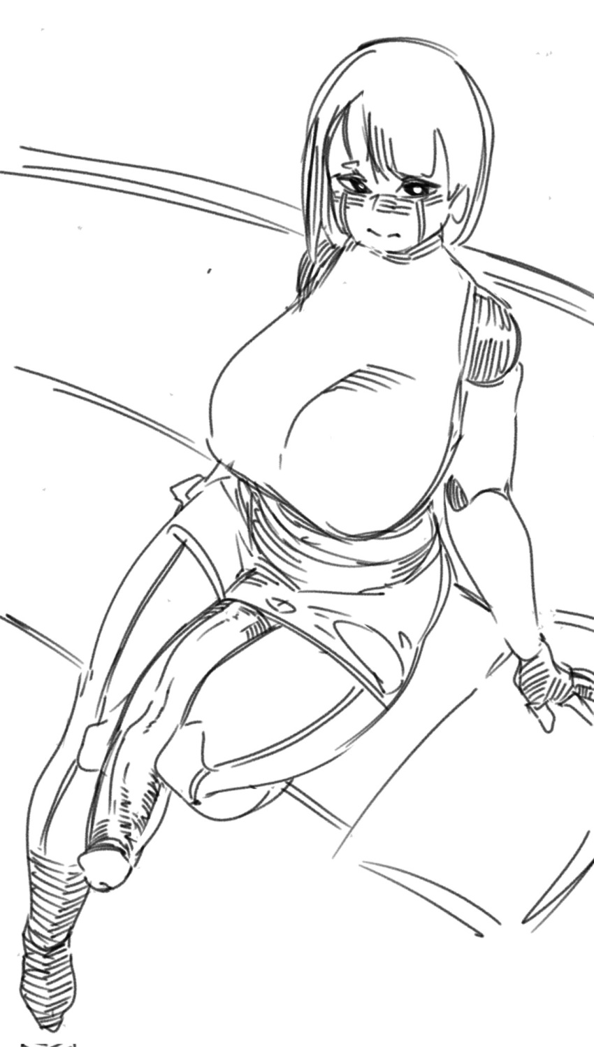 1futa bottomwear breasts clothed clothing erection futa_only futanari gigantic_breasts gigantic_penis human khentaiu monochrome mostly_clothed penis penis_through_leghole sitting sketch skirt solo topwear