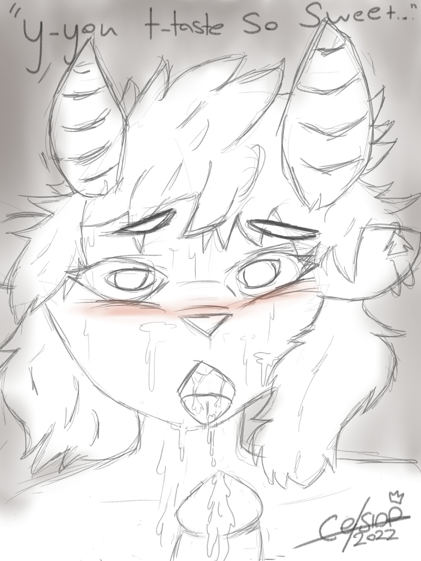 anthro blush bodily_fluids bovid caprine celsiorcrowngoat cum cum_in_mouth cum_inside female genital_fluids goat greyscale hi_res mammal mempha monochrome sketch