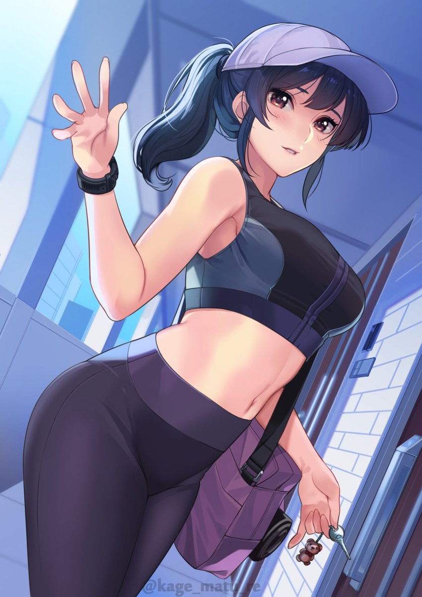 1girls absurdres bag bangs bare_shoulders baseball_cap black_hair blush breasts brown_eyes charm_(object) female female_only highres kagematsuri key leggings long_hair looking_at_viewer midriff navel original parted_lips ponytail sidelocks smile spandex standing tank_top tied_hair workout_clothes wristwatch yoga_pants