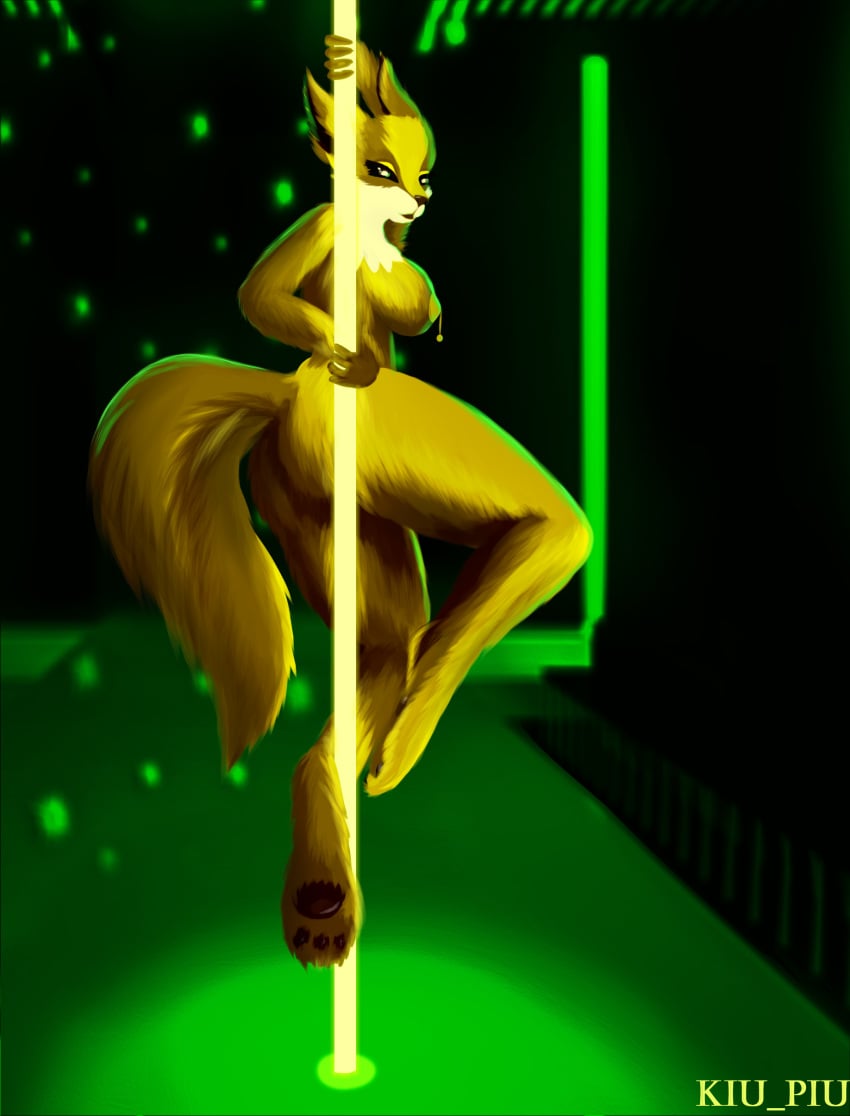 absurd_res anthro breasts dancing eeveelution electronic female furry hi_res jolteon kiu_piu neon nintendo pokémon_(species) pokemon pole solo solo_focus striptease video_games