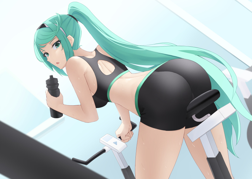 big_ass big_breasts bike_shorts exercise exercise_clothing green_eyes green_hair nintendo nottme pneuma_(xenoblade) xenoblade_(series) xenoblade_chronicles_2