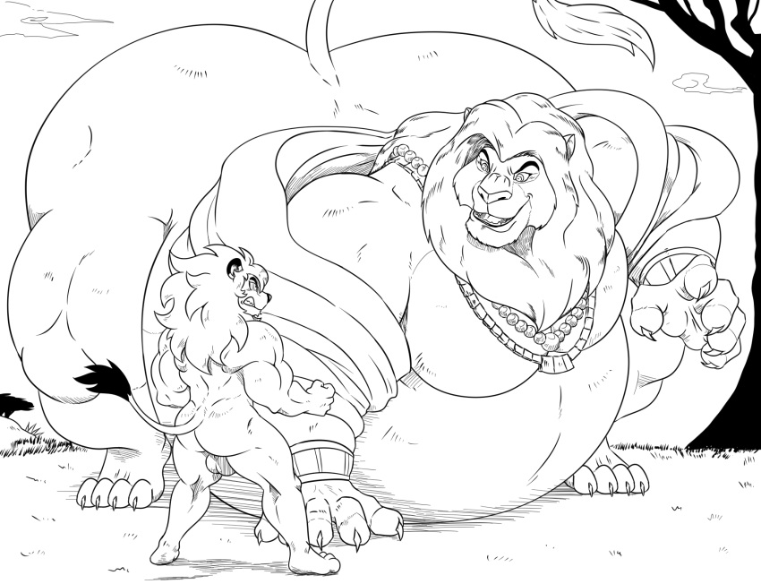 2022 a-side all_fours anthro ass ass_up balls belly big_belly big_butt claws clenched_teeth cloud crouching disney duo eye_contact fangs felid fist genitals grass hi_res jewelry kimba kimba_the_white_lion lion looking_at_another macro male mammal mane mufasa muscular muscular_male necklace nude obese obese_anthro obese_male open_mouth osamu_tezuka_works outside overweight overweight_anthro overweight_male pantherine plant raised_tail rear_view sky smile standing teeth the_lion_king tree wristband