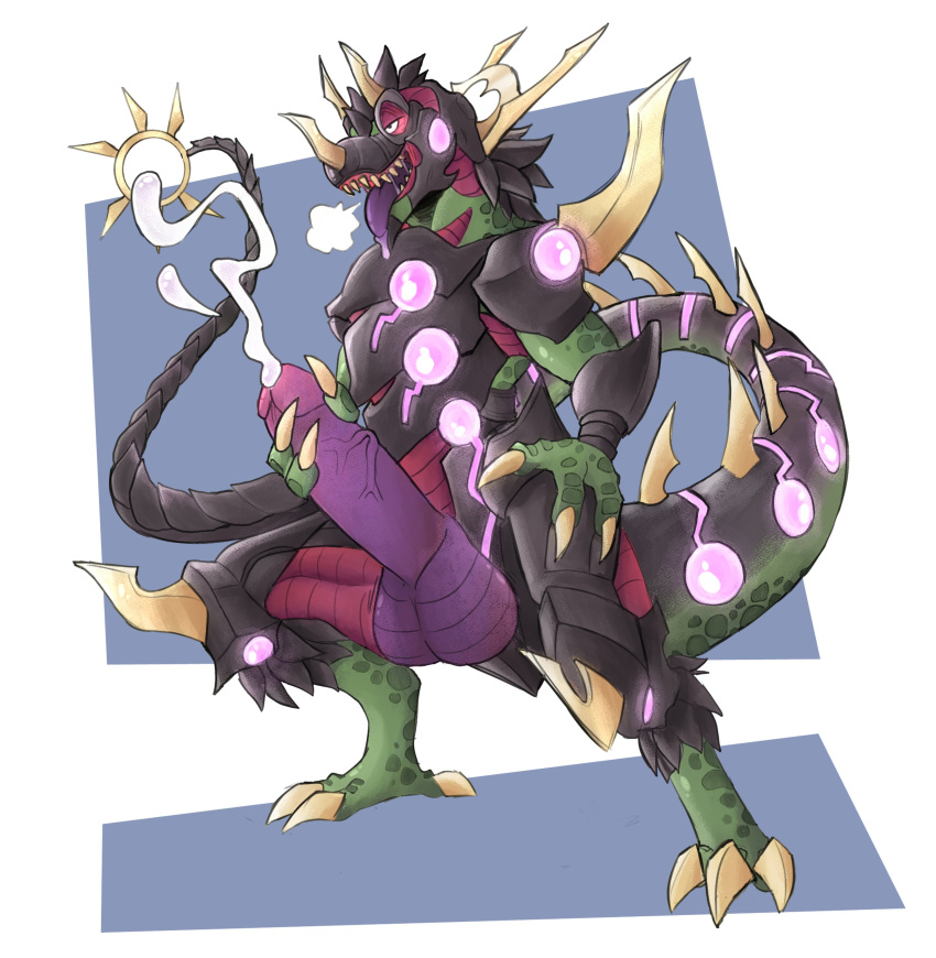 absurd_res anthro armor balls big_balls big_penis blue_background bodily_fluids claws clothing cum detailed dinosaur drooling duel_monster ejaculating_cum ejaculation excessive_cum feral genital_fluids genitals green_body green_scales grey_clothing hi_res horn huge_balls huge_cock hyper hyper_balls hyper_cum hyper_genitalia hyper_penis male masturbation metal penis purple_penis red_body red_scales reptile saliva scales scalie simple_background solo standing theropod tiredfeathers tongue tongue_out tyrannosaurid tyrannosaurus tyrannosaurus_rex ultimate_conductor_tyranno white_background yellow_claws yu-gi-oh!