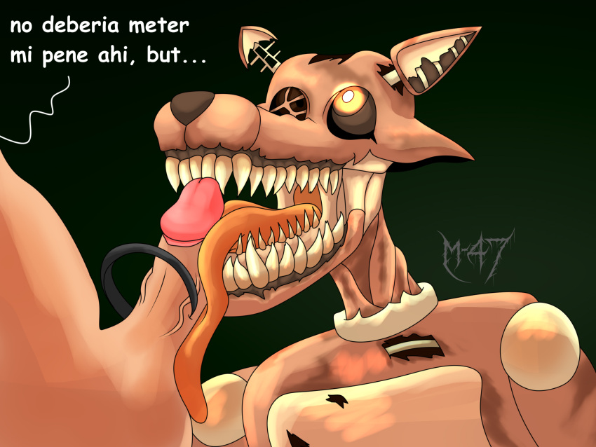 anthro five_nights_at_freddy's gay genitals hi_res human licking living_machine m-47 male male/male male_only oral penile penis penis_lick scottgames sex tongue tongue_out twisted_foxy video_games yaoi