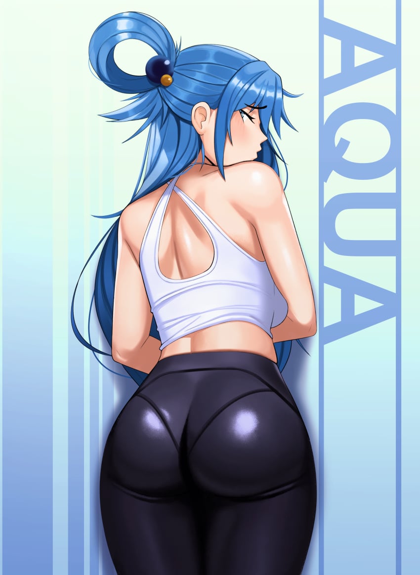 1girls absurd_res aqua_(konosuba) aqua_eyes aqua_hair ass back_view blue_eyes blush eye_contact female female_focus fully_clothed high_resolution kevbot kono_subarashii_sekai_ni_shukufuku_wo! long_hair looking_at_viewer shiny_clothes solo standing tight_clothing tight_pants