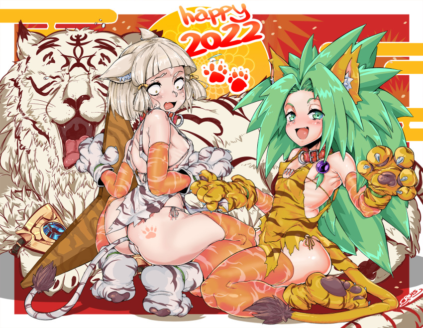 2girls ass cham_cham crossover crouching multiple_girls nia nintendo samurai_shodown snk squatting thick_thighs thighs tiger tiger_ears tiger_print tiger_tail vilecrois xenoblade_(series) xenoblade_chronicles_2 year_of_the_tiger