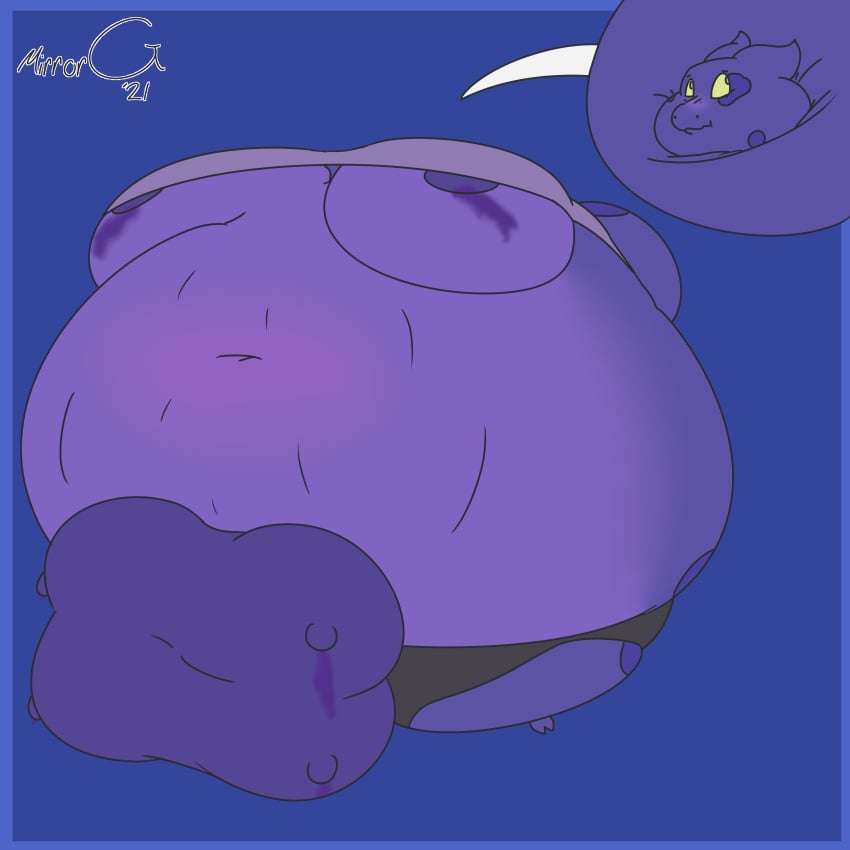 2021 2_toes absurd_res anthro big_breasts big_udders blueberry_inflation bovid bovine breasts cattle digital_media_(artwork) embarrassed feet female hi_res huge_breasts huge_udders hybrid hyper hyper_breasts hyper_udders inflation kobold kowbold leaking_juice mammal mirrorg navel purple_body purple_scales scales simple_background solo spherical_inflation spots sunken_head sunken_limbs teats toes udders yellow_eyes zed_(scales)