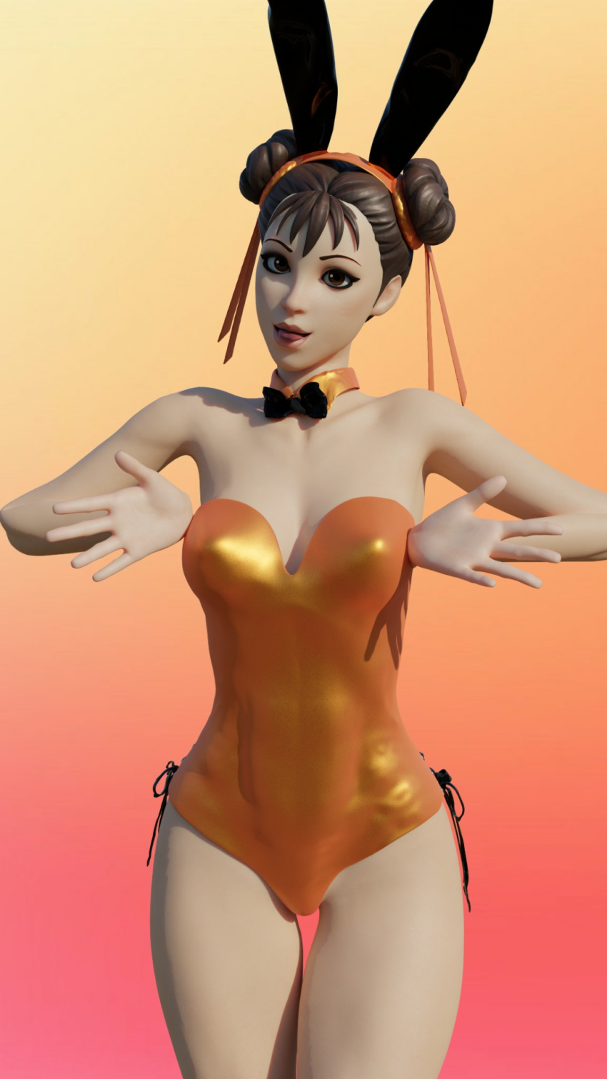 1girls 3d alternate_version_available bow breasts brown_eyes brown_hair bunny_ears bunnysuit chun-li chun-li_(fortnite) clothing double_bun female female_only fortnite fully_clothed goodgameporn1 hips solo street_fighter thigh_gap toned_female tongue_out wallpaper