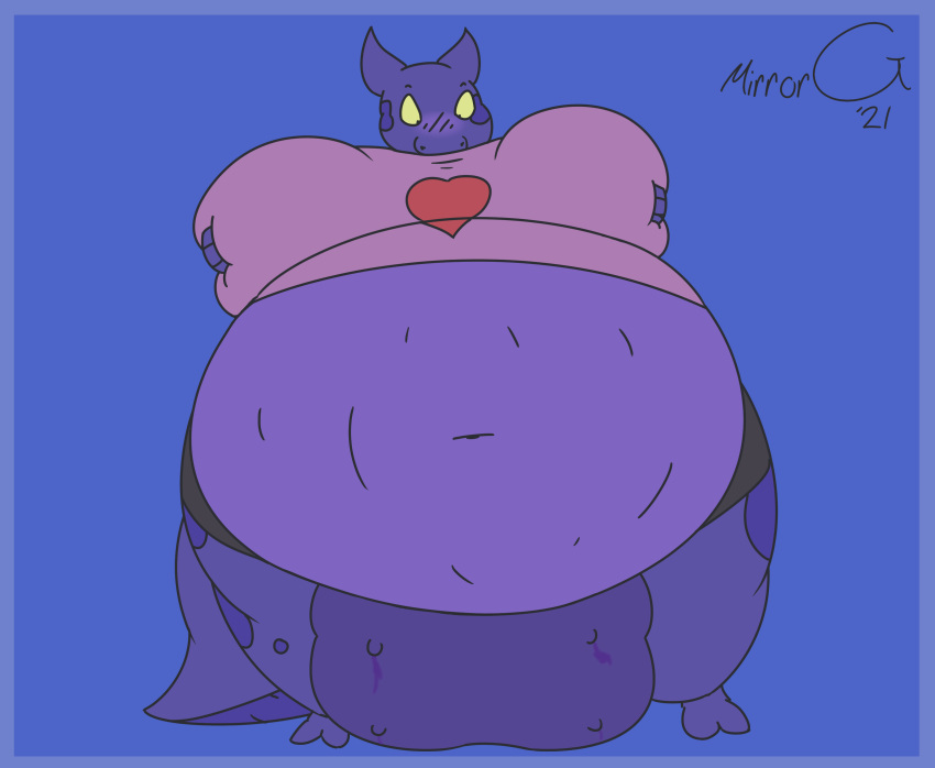 2021 2_toes absurd_res anthro blueberry_inflation blush bovid bovine breasts cattle digital_media_(artwork) feet hi_res hybrid kobold kowbold leaking_juice male mammal mirrorg morbidly_obese obese overweight purple_body purple_scales scales simple_background solo spherical_inflation spots teats toes udders yellow_eyes zed_(scales)