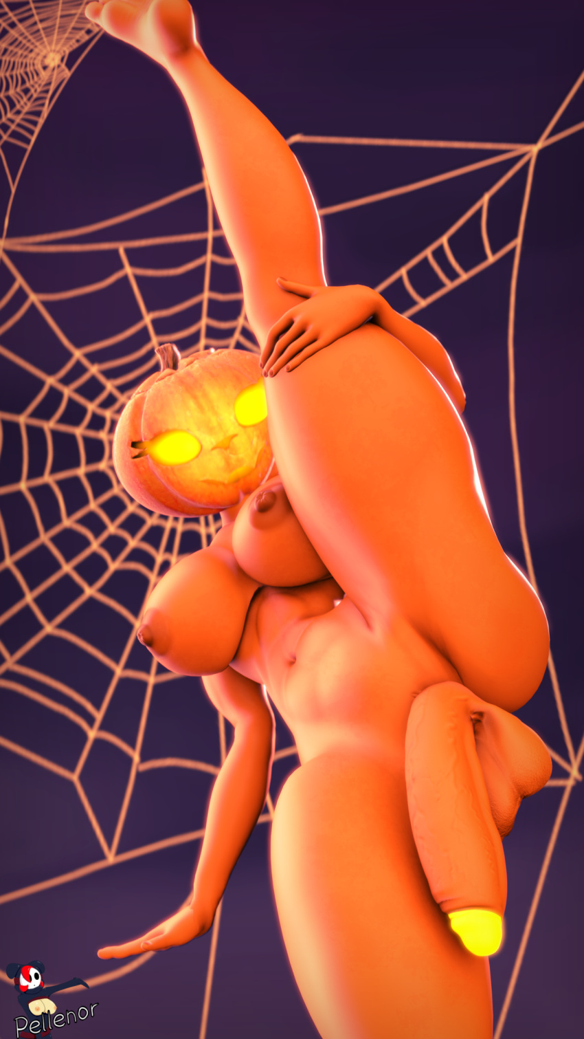 1futa 3d areolae balls big_breasts big_penis flaccid futa_only futanari halloween huge_cock humanoid humanoid_penis jack-o'-lantern nipples nude orange_skin pellenor penis plant plant_girl plant_humanoid pumpkin pumpkin_head solo splits standing tagme thick_thighs vertical_splits