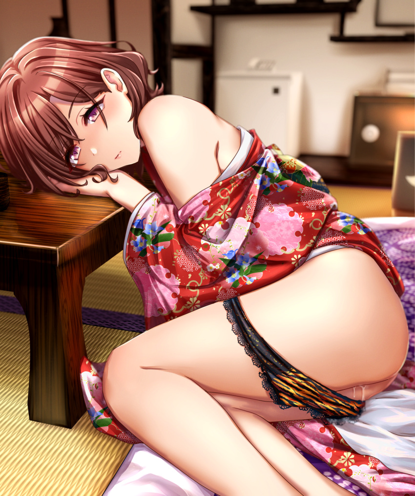 ass bangs bare_shoulders bed_sheet black_panties blurry blurry_background blush brown_hair closed_mouth expressionless eyebrows_visible_through_hair female floral_print foot_out_of_frame half-closed_eyes highres higuchi_madoka idolmaster idolmaster_shiny_colors indoors japanese_clothes kimono kobamiso_(kobalt) lace-trimmed_panties lace_trim long_sleeves looking_at_viewer off_shoulder on_bed panties panty_pull purple_eyes pussy_juice short_hair sitting solo swept_bangs tatami tiger_stripes two-tone_panties underwear wide_sleeves yellow_panties