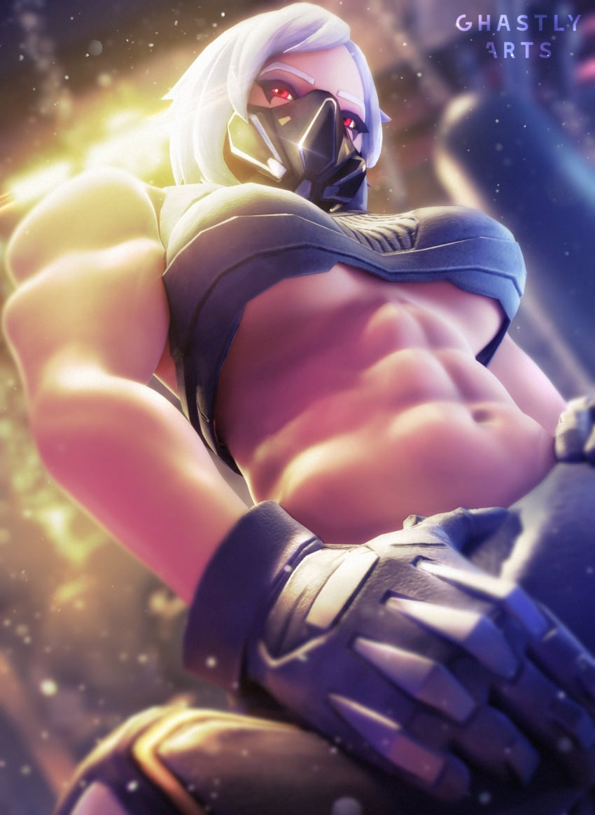 abs breasts busty female fortnite gas_mask ghastlyarts gloves hush_(fortnite) mask muscles muscular_female navel red_eyes solo underboob white_hair