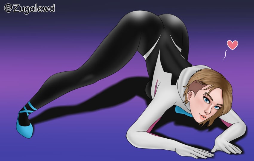 ass blonde_hair bodysuit eyebrow_piercing gwen_stacy jack-o_pose marvel piercing short_hair spider-gwen spider-man:_into_the_spider-verse spider-man_(series) tight_clothes zugalewd