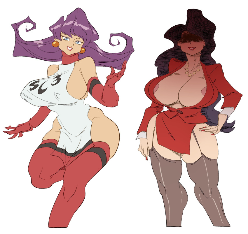 2girls areola_slip black_hair blue_eyes cleavage curvaceous dress duo earrings faceless faceless_female female garter_straps gloves huge_breasts human jacket light-skinned_female light_skin lipstick long_hair madame_boss mature mature_woman mewtwo_no_tanjou milf miyamoto_(pokemon) mother nintendo no_bra no_panties pelvic_curtain pink_hair pokemon pokemon_rgby shaded_face side_slit sideboob skindentation skirt slb source_request standing standing_on_one_leg suit team_rocket thick_thighs thighhighs white_background wide_hips zettai_ryouiki