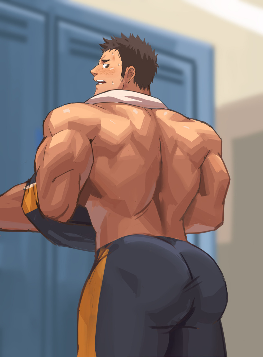 1boy ass back back_muscles back_view big_ass big_butt big_muscles black_eyes black_hair bottomwear dressing_up haikyuu!! human human_only locker_room looking_back male male_focus male_only muscles muscular muscular_male removing_shirt sawamura_daichi solo solo_focus solo_male sports_uniform sweatdrop thick_ass tight_pants topless undressing xianyusamuel