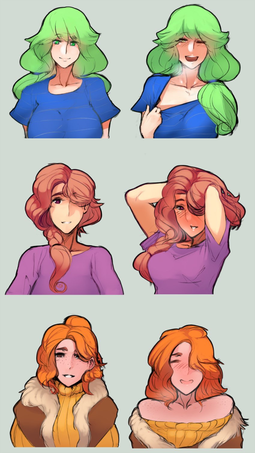 3girls blue_shirt blush breasts brown_eyes brown_hair caroline_(stardew_valley) cleavage coat dirty green_eyes green_hair hair_down hair_ornament hair_scrunchie highres housewife jodi_(stardew_valley) large_breasts long_hair looking_at_viewer married mature_female medium_breasts milf motherly multiple_girls orange_hair ponytail pov purple_shirt robin_(stardew_valley) scas scathegrapes scrunchie shirt stardew_valley steam sweater turtleneck turtleneck_sweater yellow_sweater