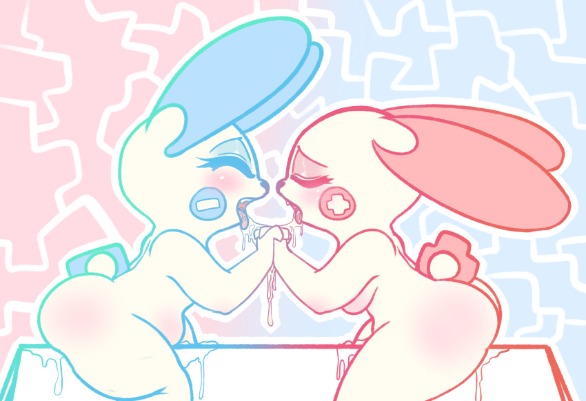 2girls absurd_res anthro blush bodily_fluids closed_eyes dsmm dsmm_(artist) duo female female/female female_only game_freak genital_fluids hand_holding hi_res minun multiple_girls nintendo nude open_mouth pattern_background plusle pokémon_(species) pokemon pokemon_(species) pussy_juice saliva saliva_string simple_background tongue tongue_out video_games