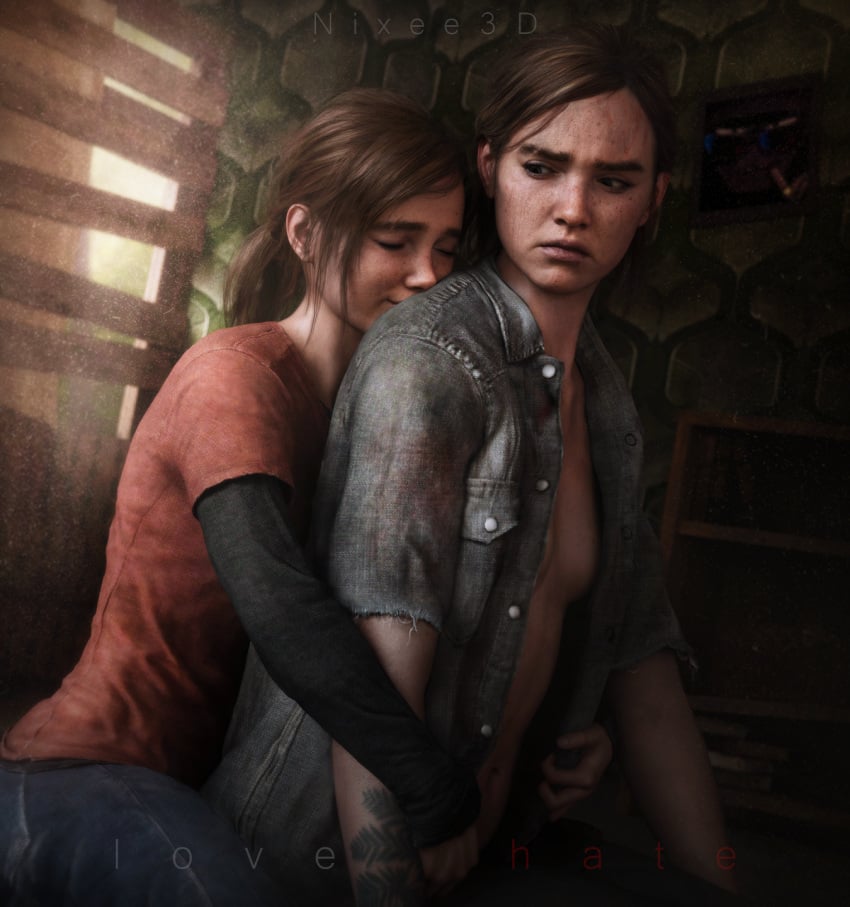 2girls 3d age_difference aged_up clothed clothed_female cute_expression cute_face dirty dirty_clothes dirty_clothing ellie_(the_last_of_us) ellie_williams female female_only freckles height_difference hug hugging hugging_from_behind human kneeling kneeling_on_floor multiple_girls naughty_dog nixee3d open_clothes open_shirt petite ponytail ripped_clothing selfcest sideboob smell sniffing sweat sweaty the_last_of_us the_last_of_us_2 time_paradox yuri