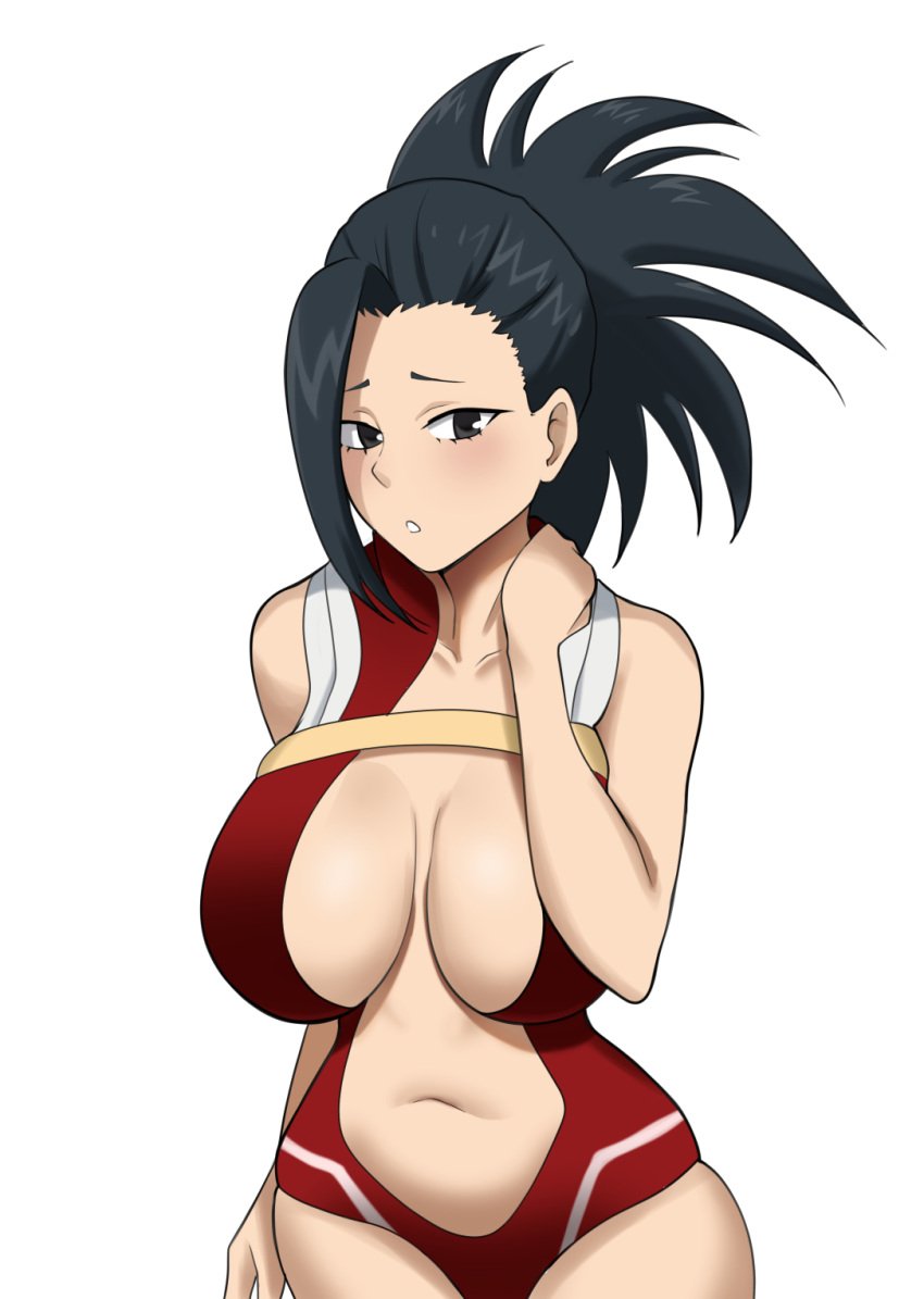 1girls big_breasts black_hair breasts eqeart female female_focus female_only hero_outfit_(mha) leotard momo_yaoyorozu my_hero_academia solo standing thick_thighs white_background wide_hips