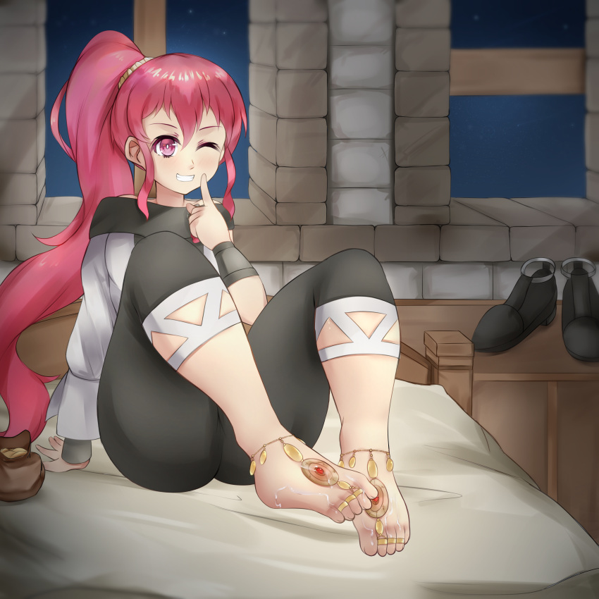 1girls anna_(fire_emblem) anna_(fire_emblem:_three_houses) ass bare_shoulders barefoot byleth_(fire_emblem) byleth_(fire_emblem)_(male) cum cum_on_feet ethan_ppj_(artist) feet female_only finger_to_face fire_emblem fire_emblem:_three_houses foot_fetish footjob grin indoors long_hair night nintendo on_bed one_eye_closed pink_eyes pink_hair ponytail smile solo very_long_hair wink