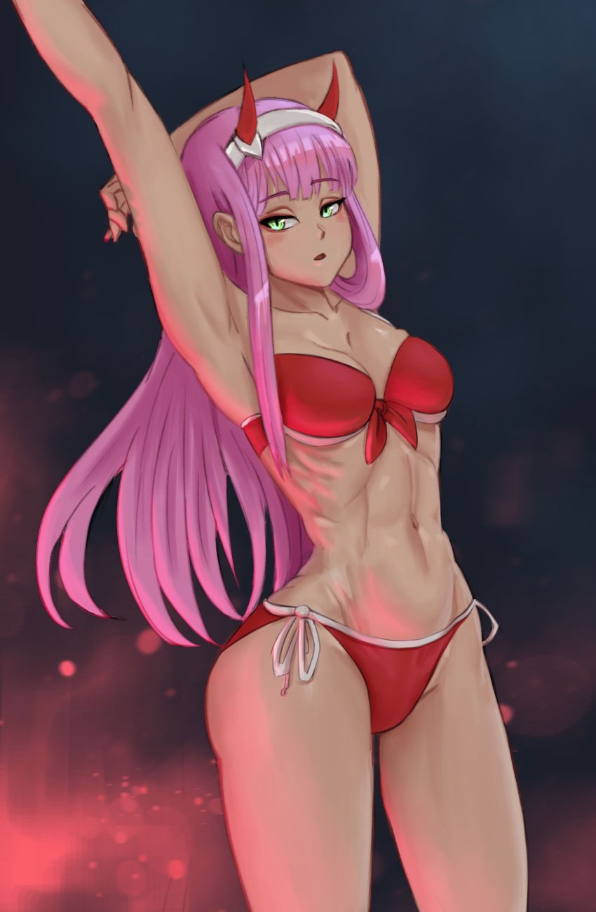 1girls arms_above_head bangs bikini cleavage darling_in_the_franxx female female_only green_eyes horns juiceofyellow long_hair navel open_mouth pink_hair ribs skinny solo underboob zero_two_(darling_in_the_franxx)