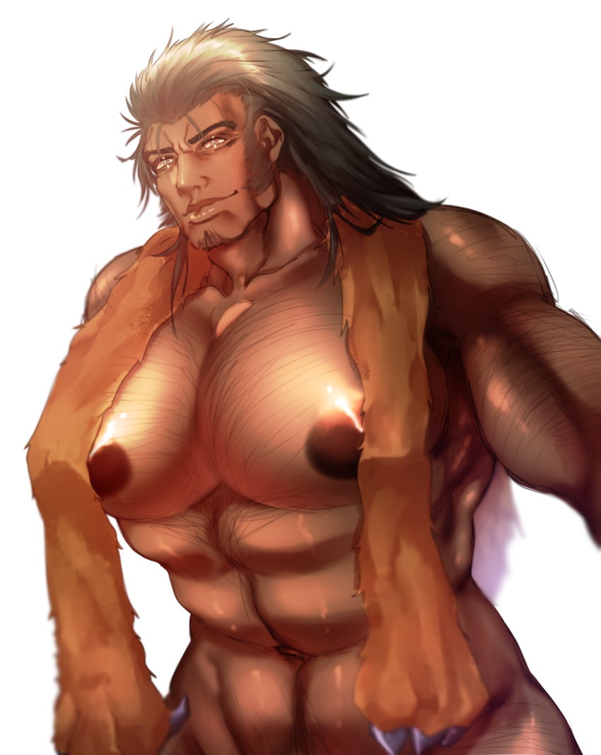 1boy abs bara breasts dark_skin green_hair hairy hairy_body hairy_chest half_body hunter_x_hunter long_hair male male_only muscular nipples pecs solo uvogin