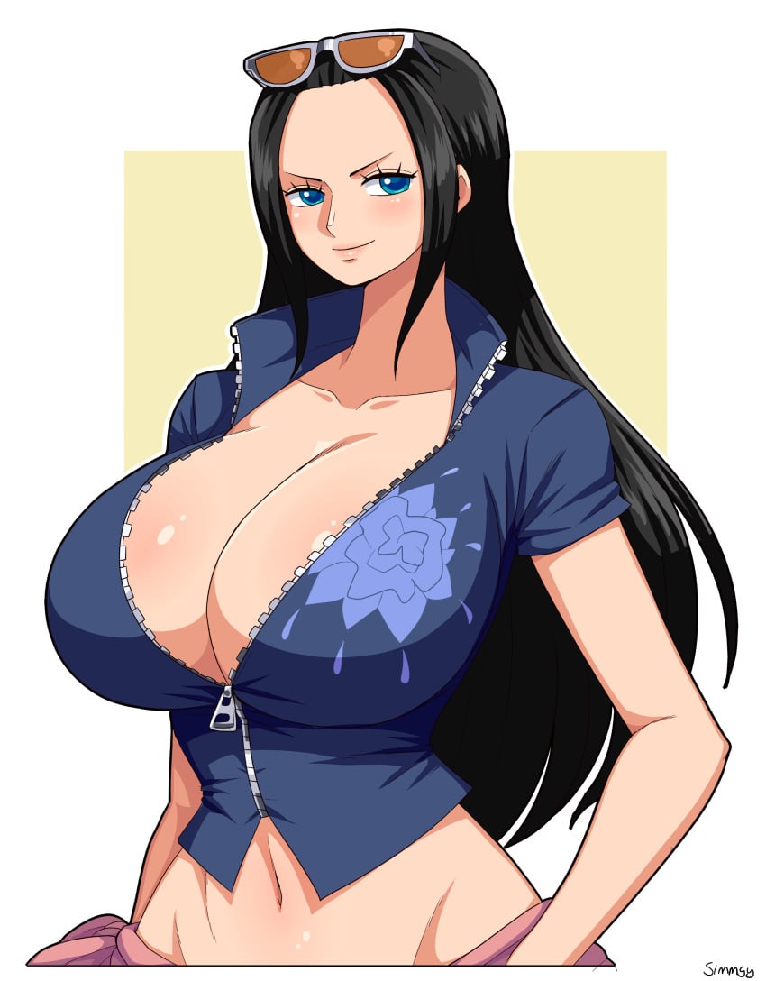 1girls big_breasts black_hair blue_eyes breasts eye_contact female female_focus female_only glasses glasses_on_head high_resolution huge_breasts long_hair looking_at_viewer nico_robin one_piece post-timeskip revealing_clothes simmsy solo upper_body wide_hips